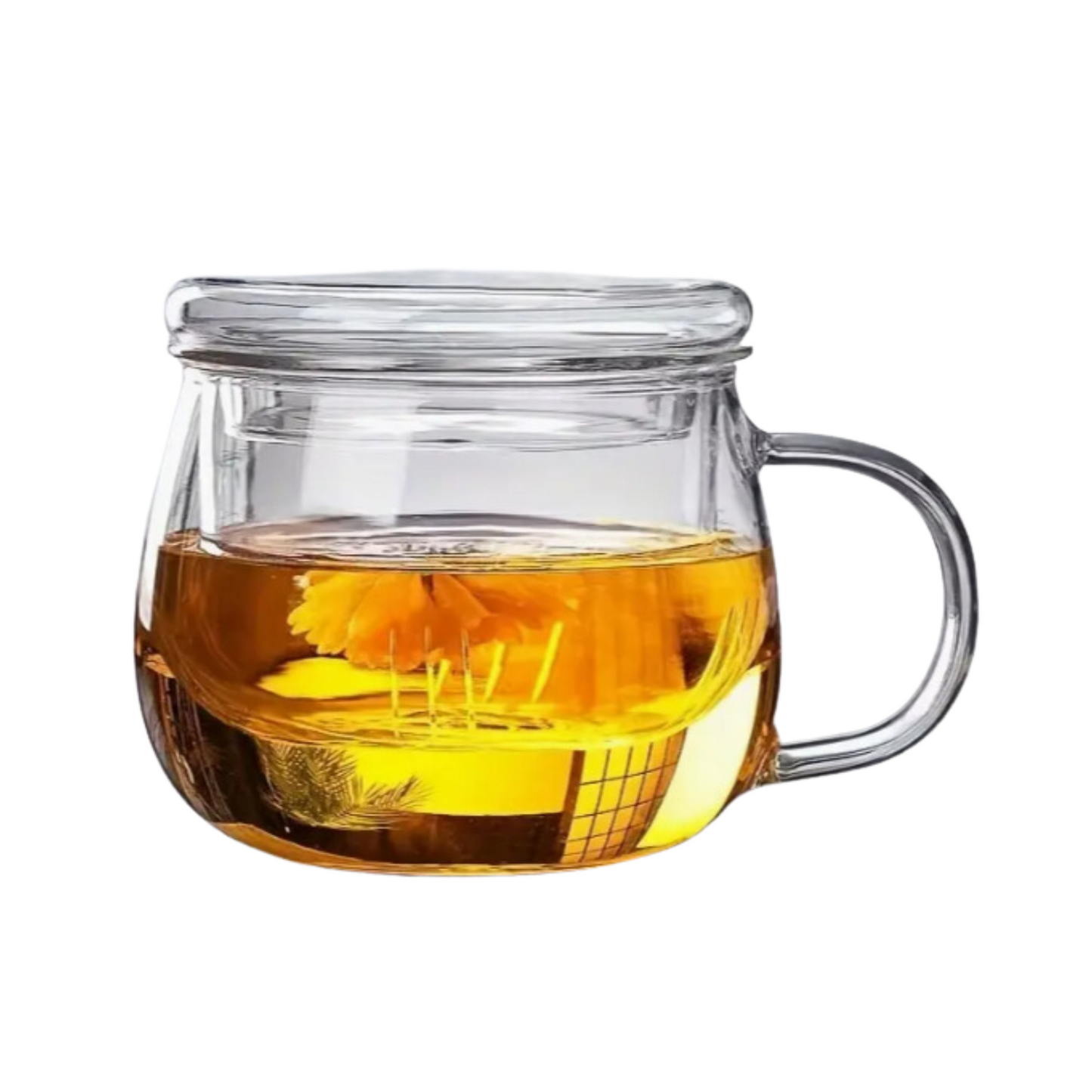 tasse entièrement en verre avec son couvercle servant de support à l'infuseur