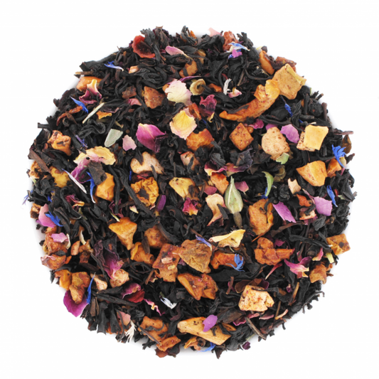 thé noir, hibiscus, sureau, rhubarbe, rose, violette, bleuet, infusion